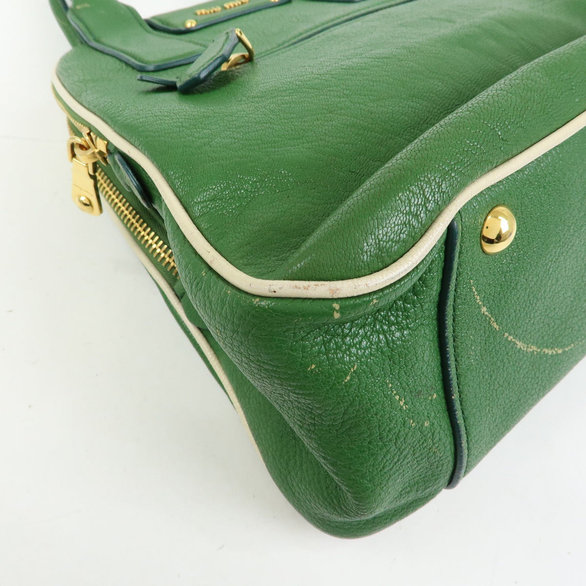 Miu Miu Madras Top Handle Leather Green Leather Handbag (Pre-Owned)