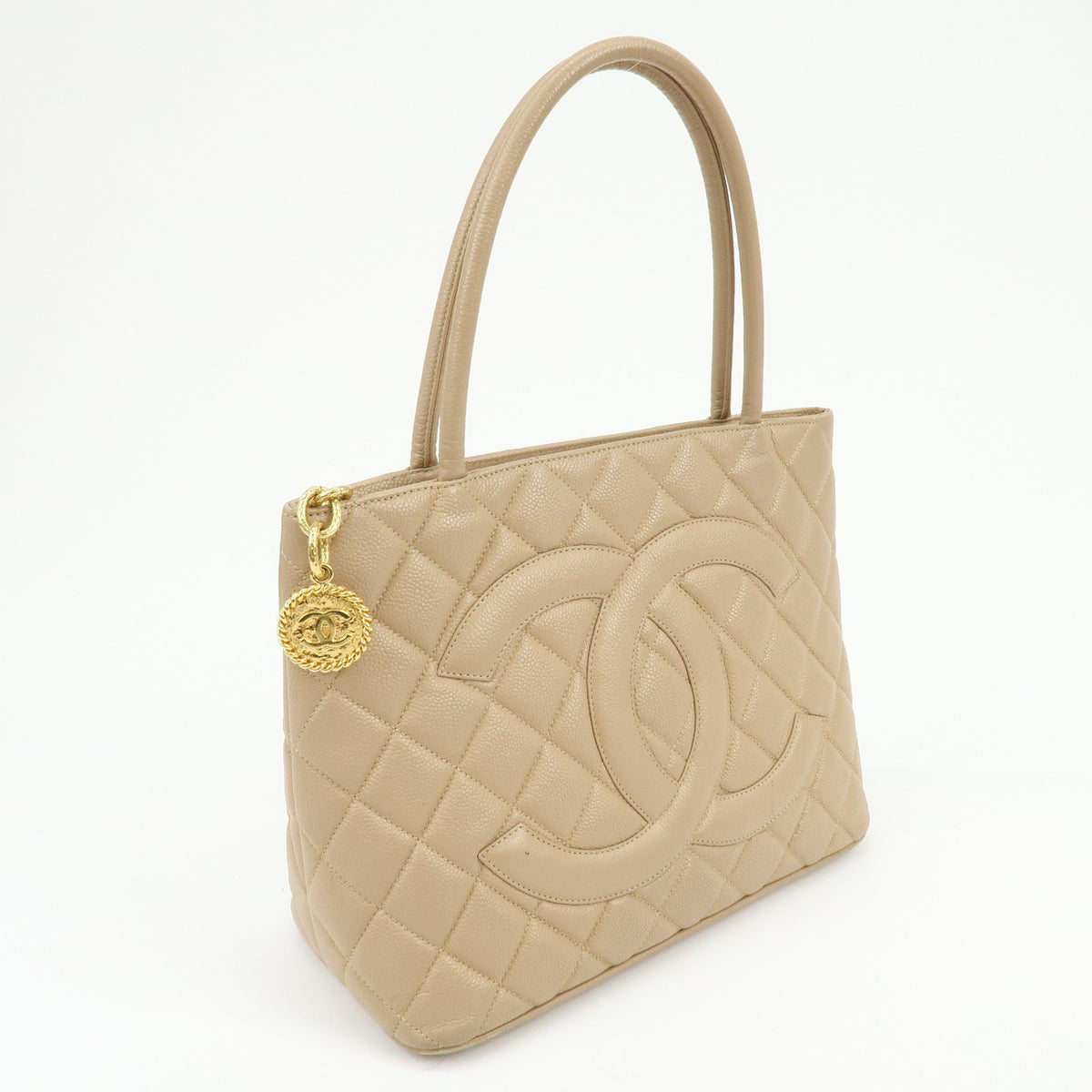 Chanel Medallion Quilted Lambskin Beige Leather Tote Bag Bag (Pre-Owned)