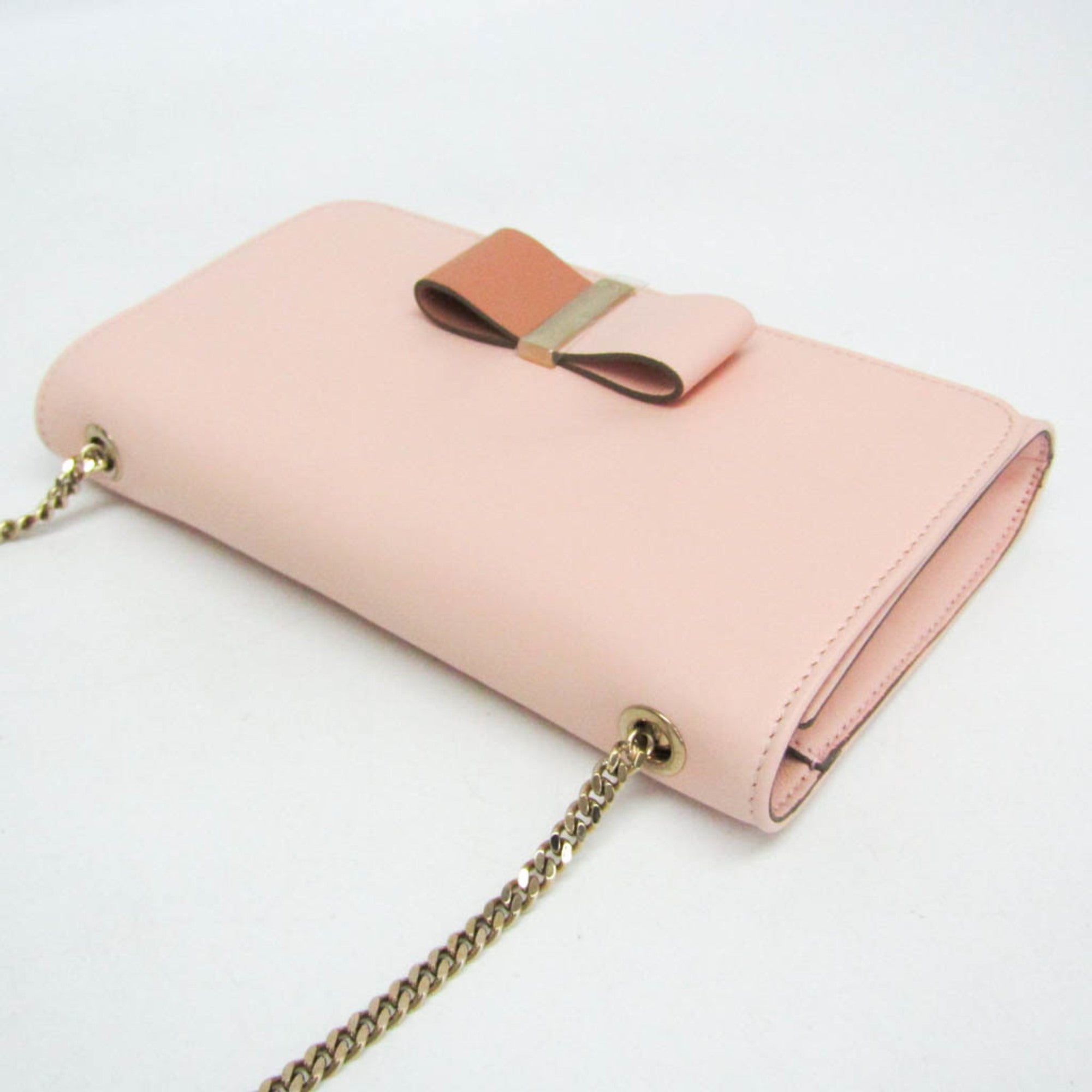 Chloe Bow Detail Wallet On Chain Leather Pink Leather Clutche & Pouche Bag (Pre-Owned)