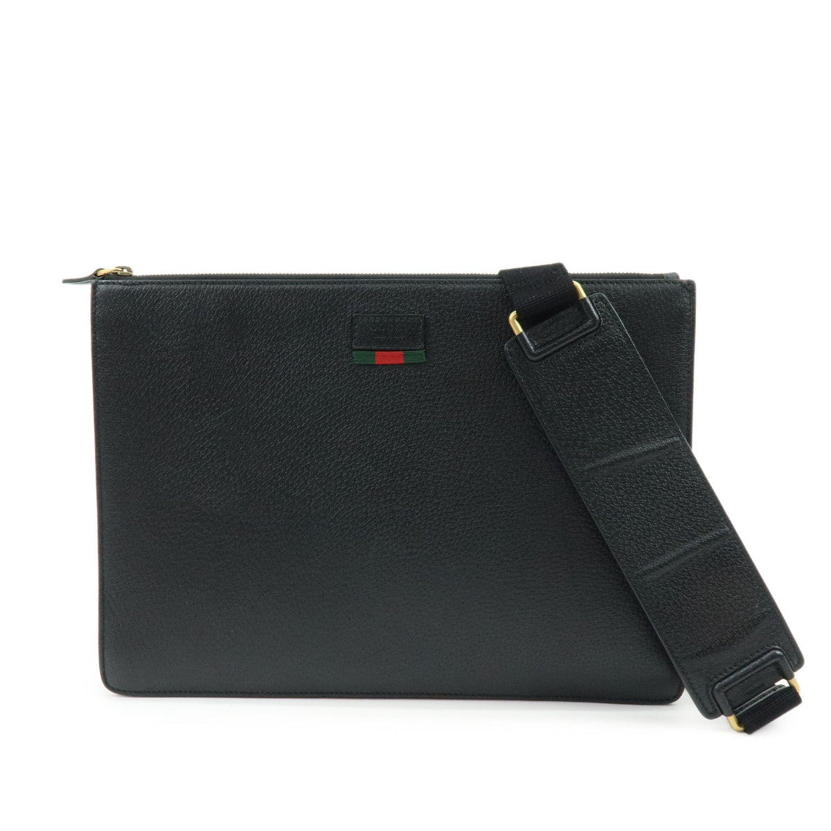 Gucci Web Strap Front Zip Messenger Leather Black Leather Handbag (Pre-Owned)