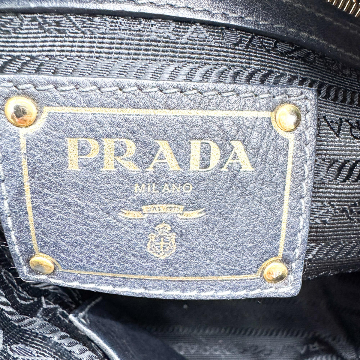 Prada Front Zip Convertible Satchel Vitello Phenix Black Leather Handbag (Pre-Owned)