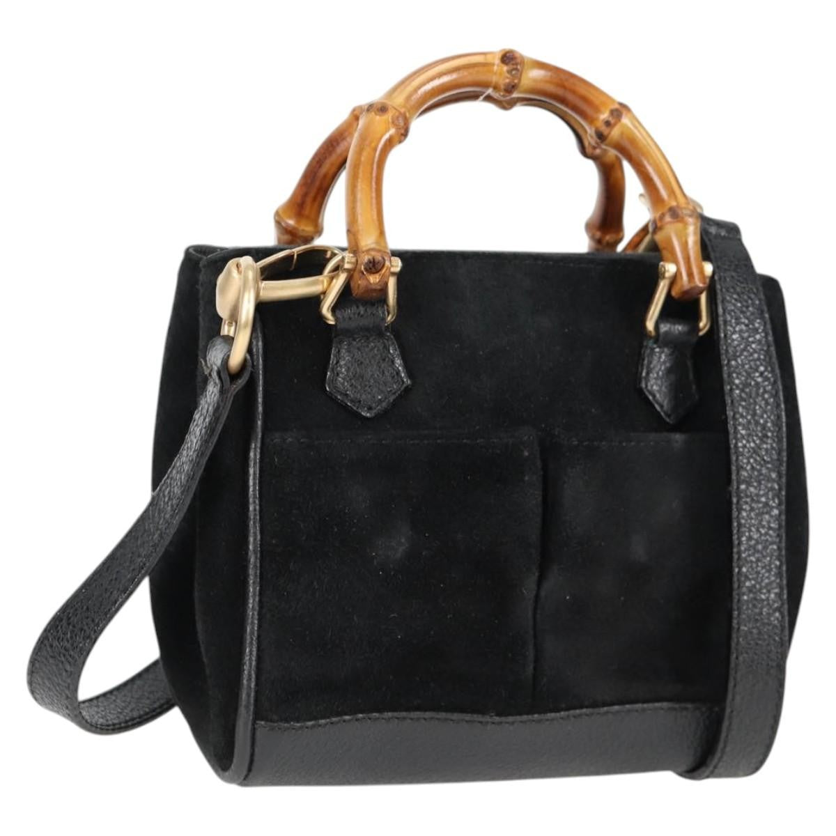 Gucci Vintage Bamboo Front Pocket Suede Black Suede Tote Bag Bag (Pre-Owned)