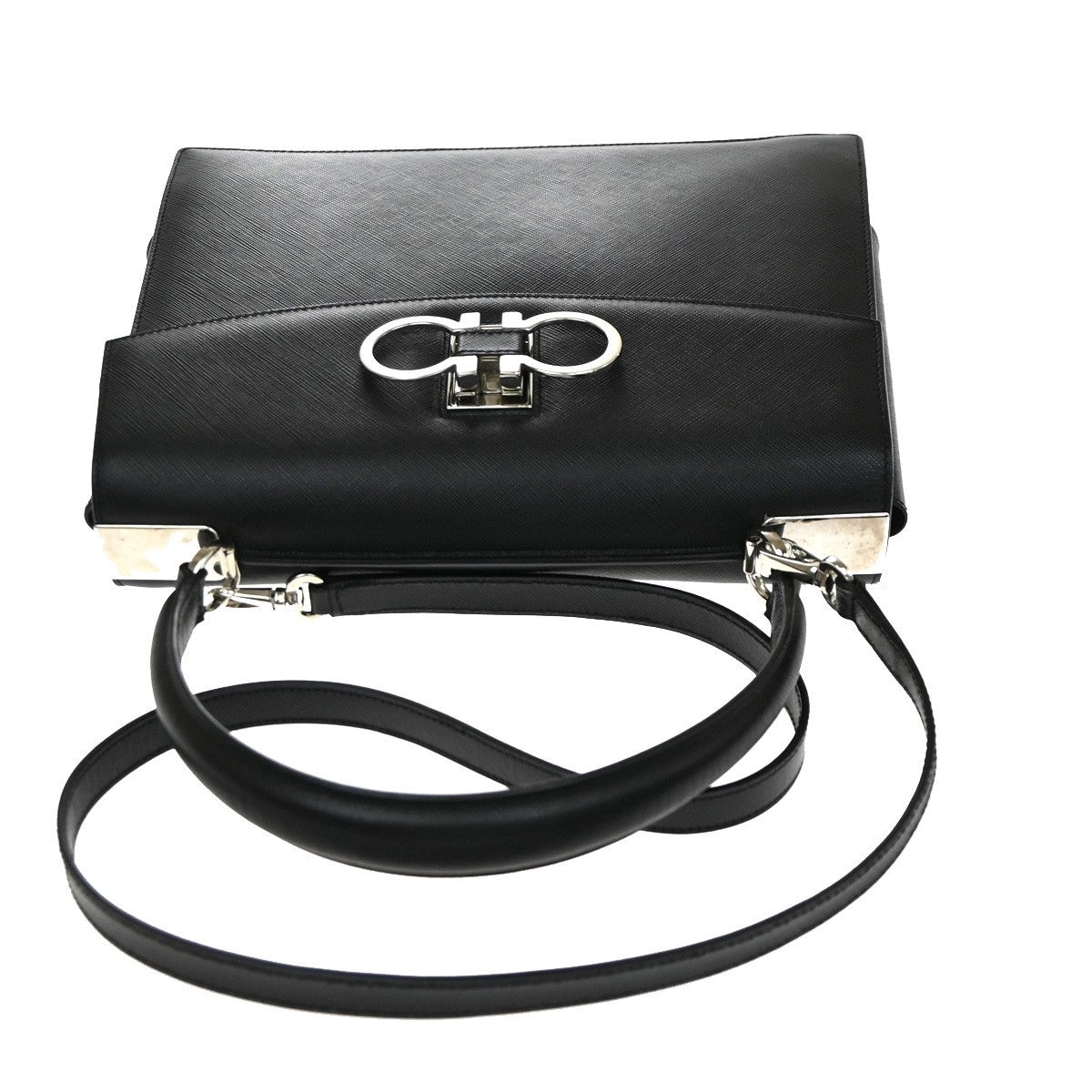 Salvatore Ferragamo Double Gancini Top Handle Saffiano Leather Black Leather Handbag (Pre-Owned)