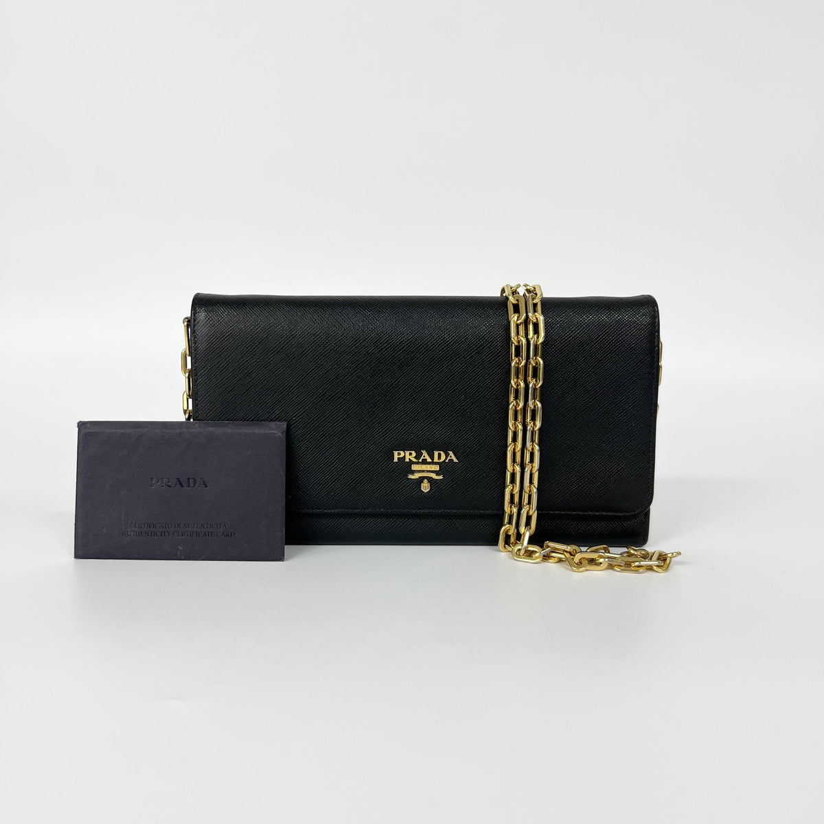 Prada Wallet On Chain Saffiano Black Leather Shoulder Bag Bag (Pre-Owned)