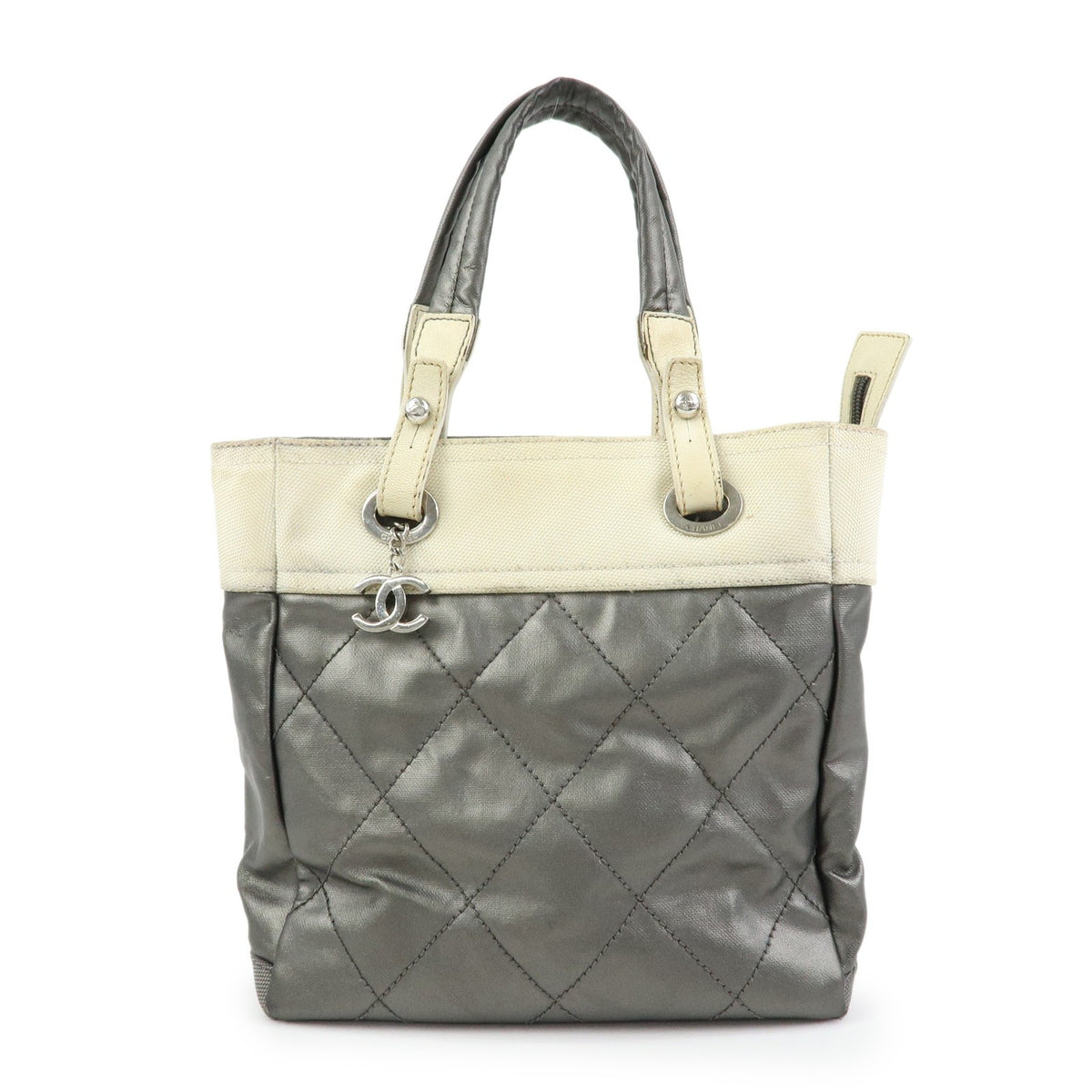 Chanel Biarritz Quilted Coated Canvas Gray Canvas Tote Bag Bag (Pre-Owned)