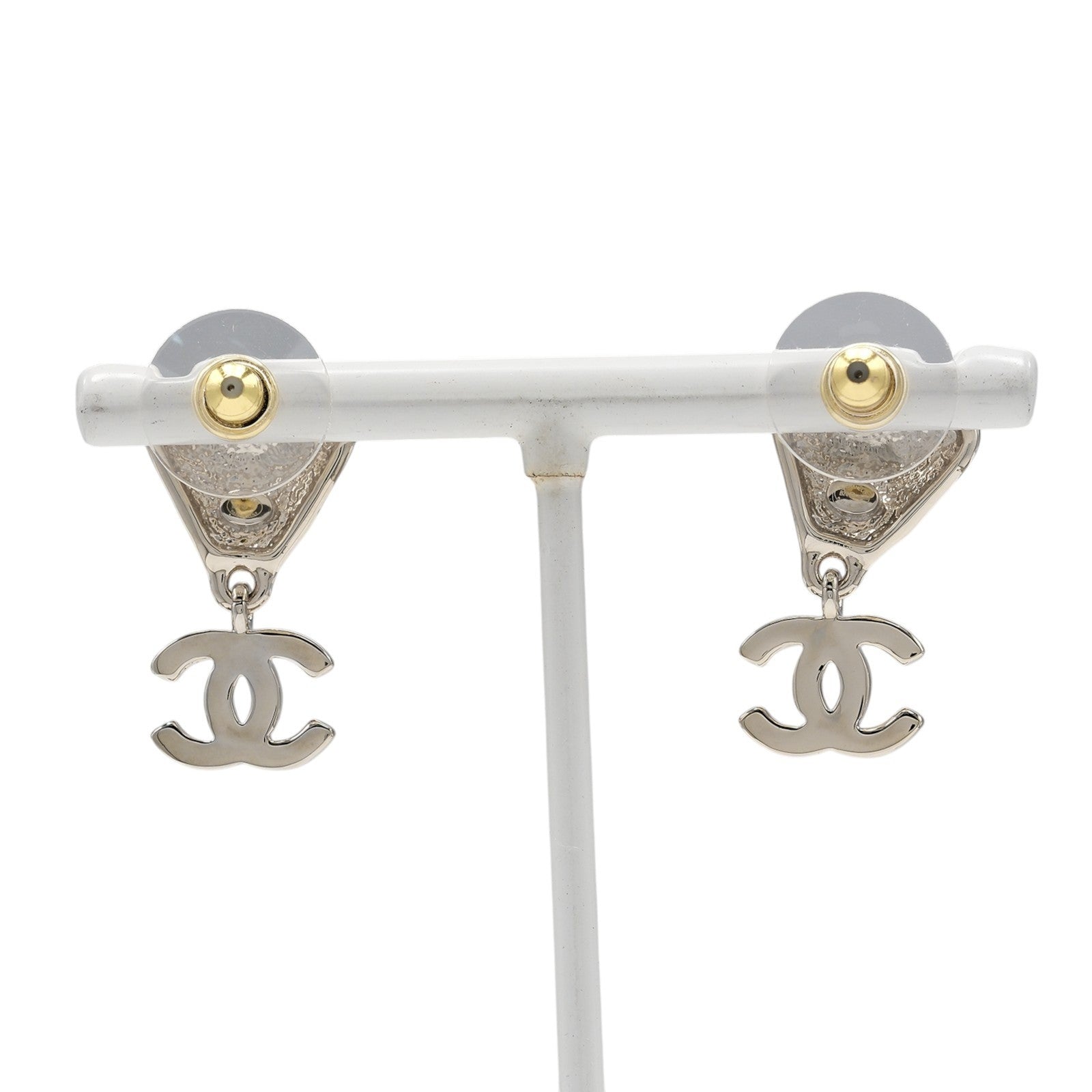 Chanel Cc Drop Stud Metal With Crystal Silver Metal Earrings Jewelry (Pre-Owned)