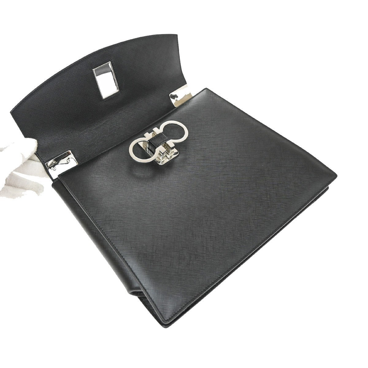 Salvatore Ferragamo Double Gancini Top Handle Saffiano Leather Black Leather Handbag (Pre-Owned)