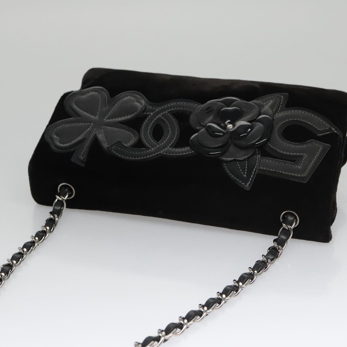 Chanel Camellia No.5 Chain Flap Velvet Black Velvet Shoulder Bag Bag (Pre-Owned)