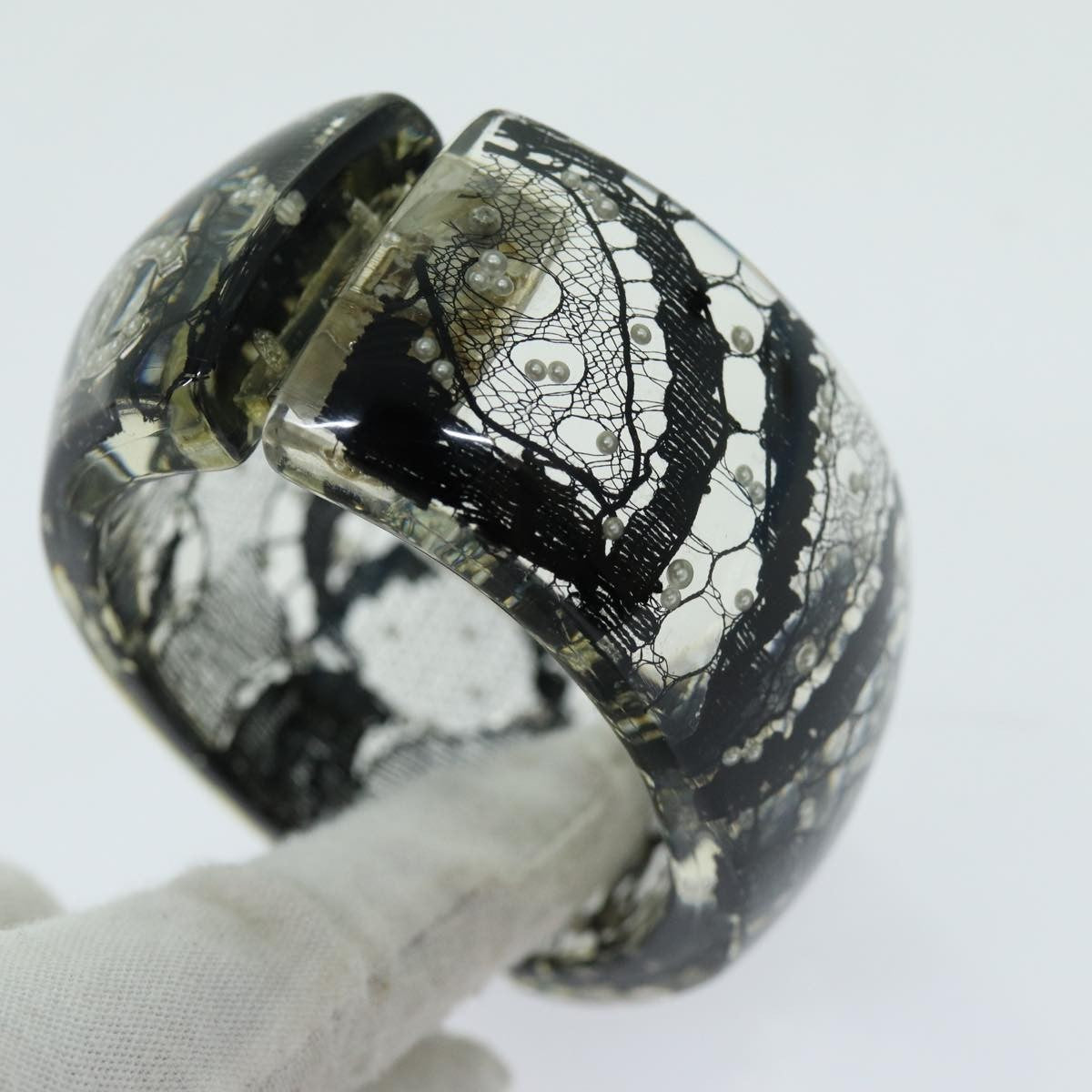 Chanel Cc Hinged Bangle Resin With Lace And Faux Pearls Black Plastic Bracelet Jewelry (Pre-Owned)
