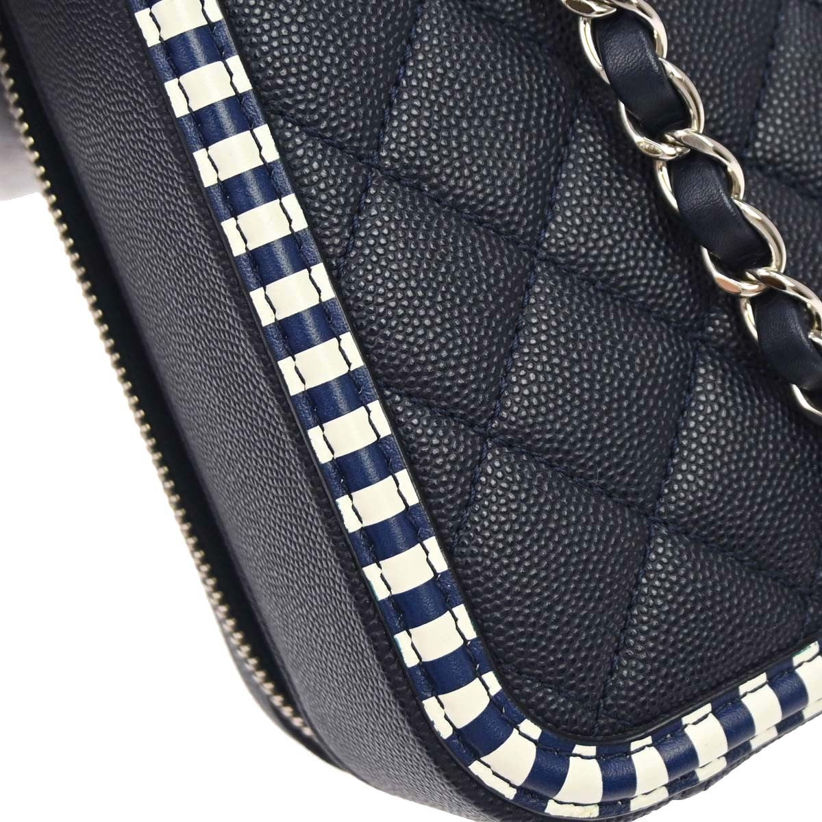 Chanel Filigree Vanity Case Quilted Caviar With Striped Leather Navy Leather Clutche & Pouche Bag (Pre-Owned)