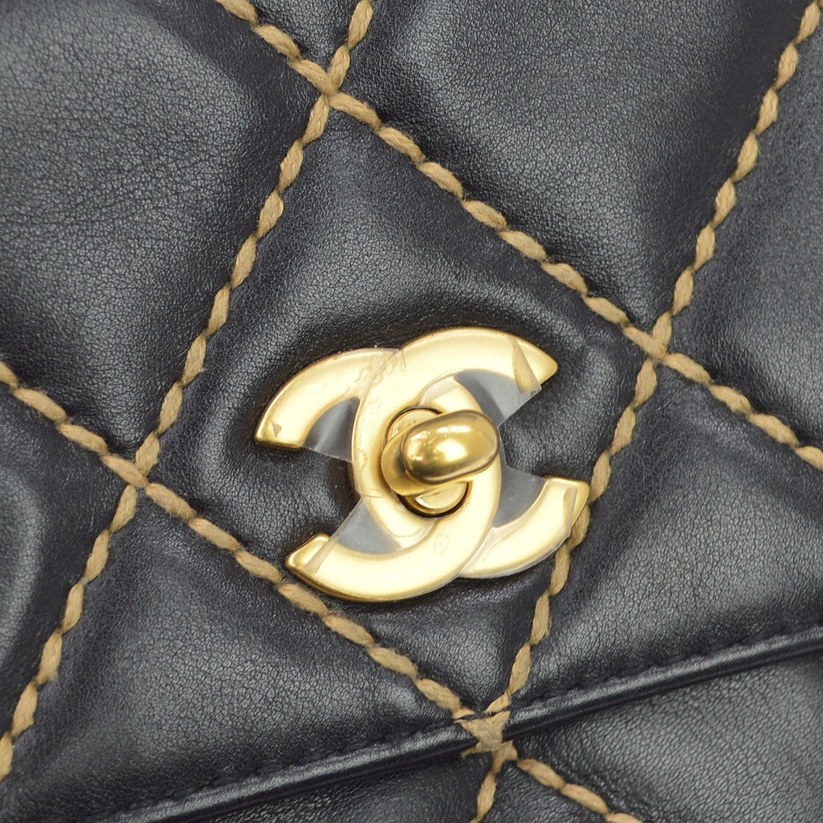 Chanel Surpique Classic Top Handle Flap Quilted Lambskin Black Leather Handbag (Pre-Owned)