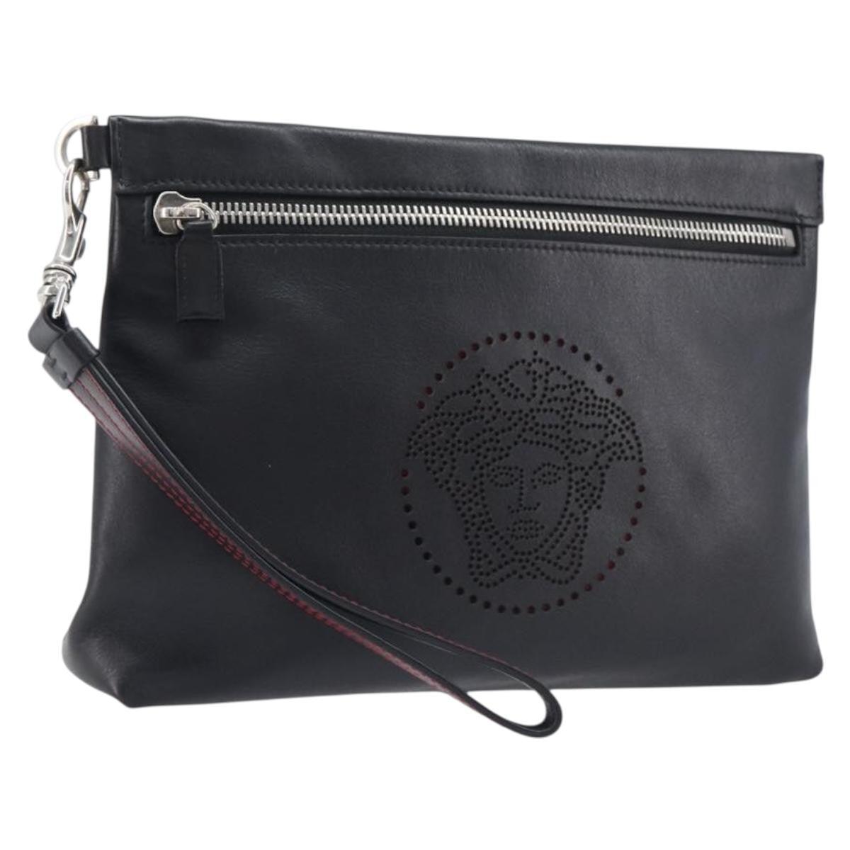Versace Logo Medusa Wristlet Leather Black Leather Clutche & Pouche Bag (Pre-Owned)