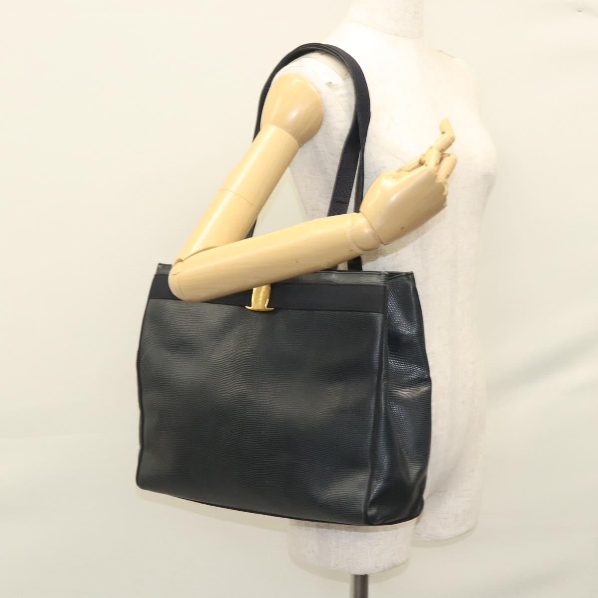 Salvatore Ferragamo Vintage Vara Bow Tote Lizard Embossed Leather Navy Leather Tote Bag Bag (Pre-Owned)