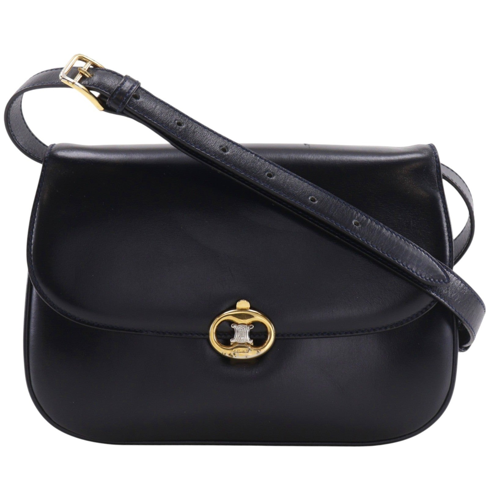 Celine Vintage Triomphe Flap Leather Black Calfskin Shoulder Bag Bag (Pre-Owned)