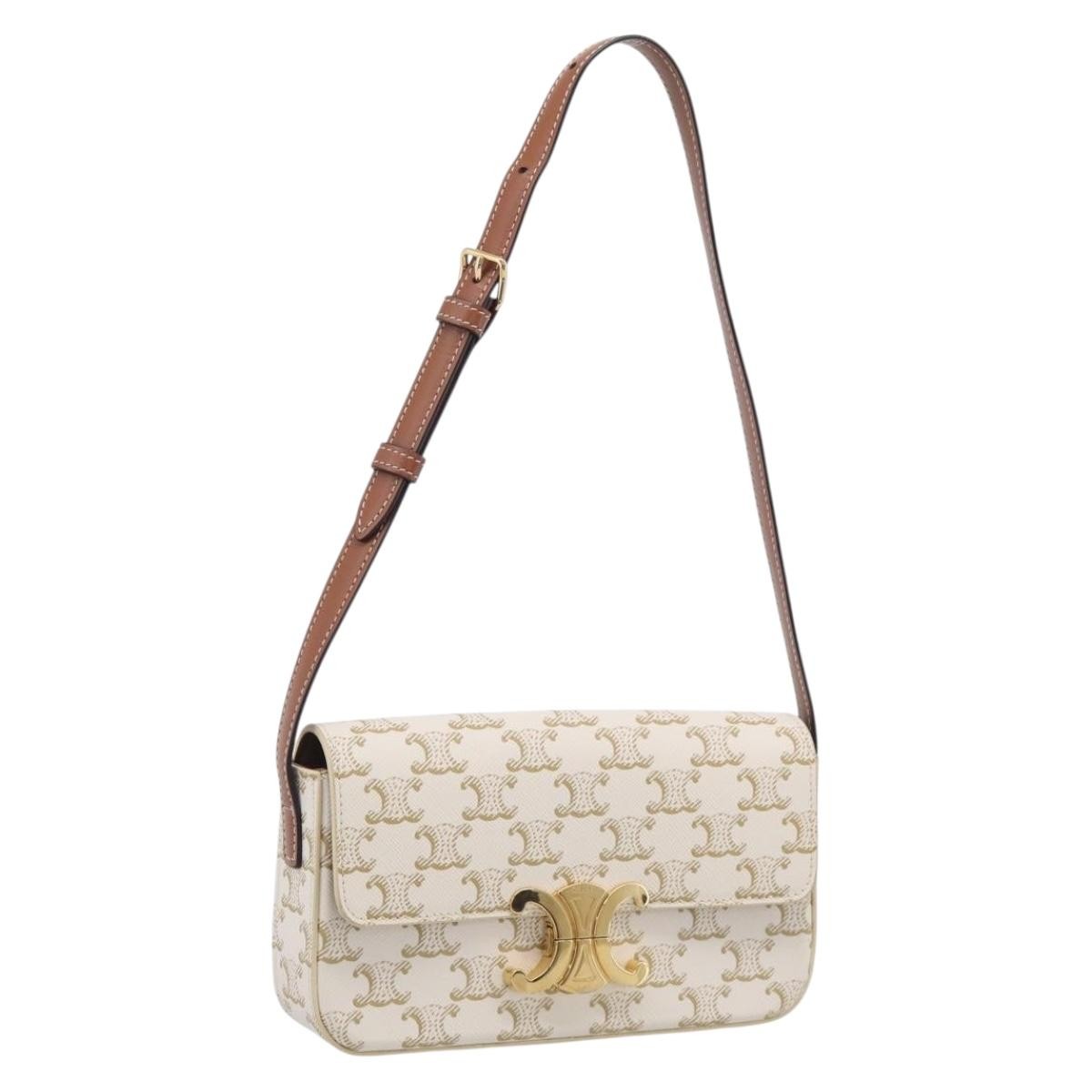 Celine Triomphe East-West Triomphe Coated Canvas White Leather Shoulder Bag Bag (Pre-Owned)