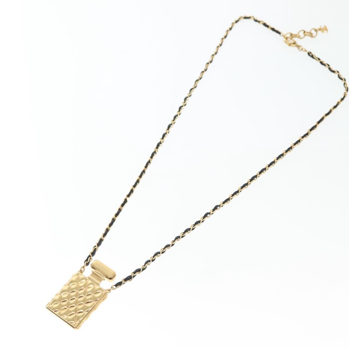 Chanel Cc Perfume Bottle Pendant Chain Long Metal With Leather, Crystals And Faux Pearl Gold Metal Necklace Jewelry (Pre-Owned)