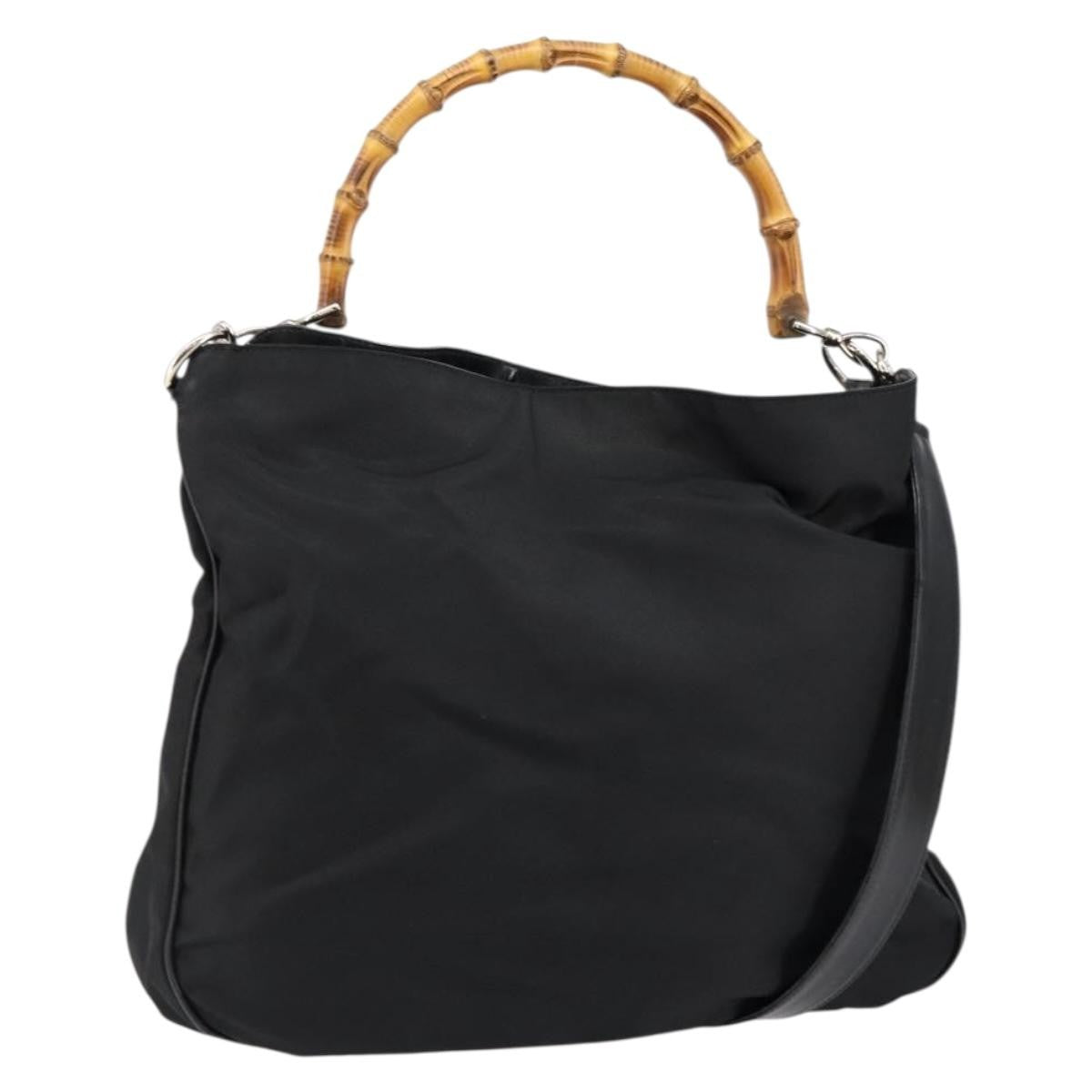 Gucci Vintage Bamboo Handle Open Hobo Nylon Black Nylon Handbag (Pre-Owned)