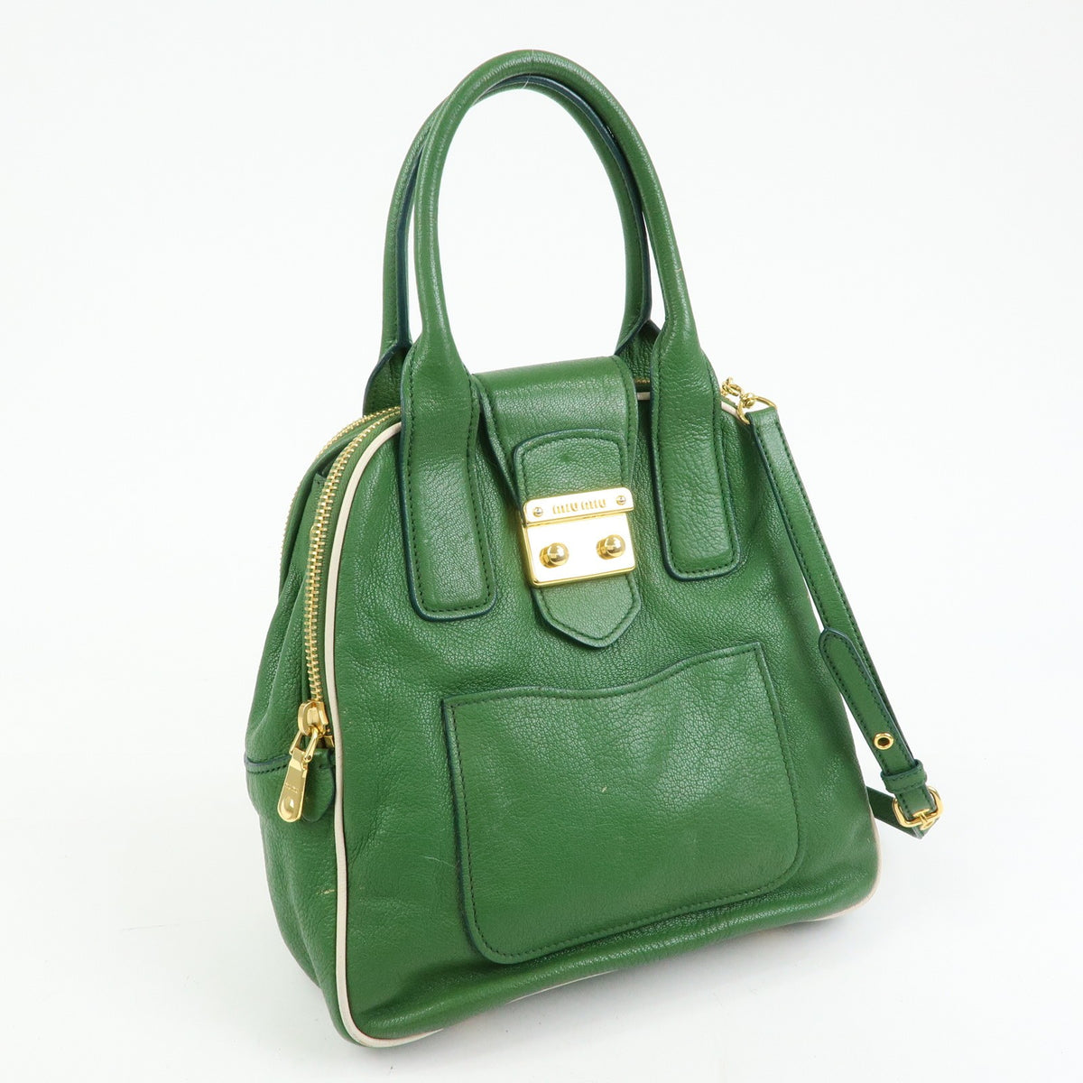 Miu Miu Madras Top Handle Leather Green Leather Handbag (Pre-Owned)