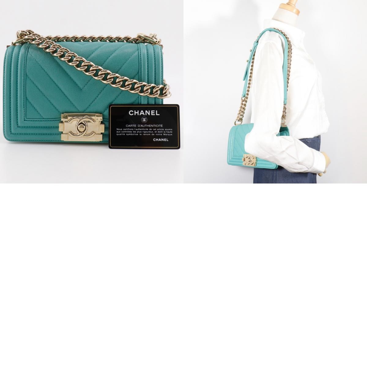 Chanel Boy Caviar Green Leather Shoulder Bag Bag (Pre-Owned)