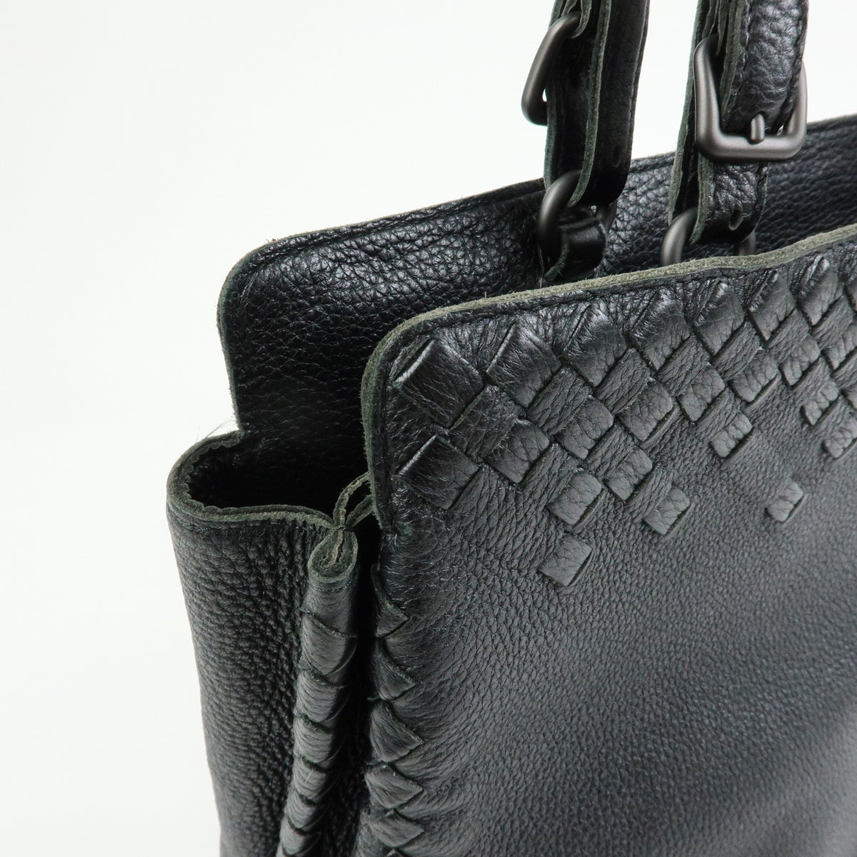 Bottega Veneta A-Shape Leather With Intrecciato Detail Black Leather Tote Bag Bag (Pre-Owned)