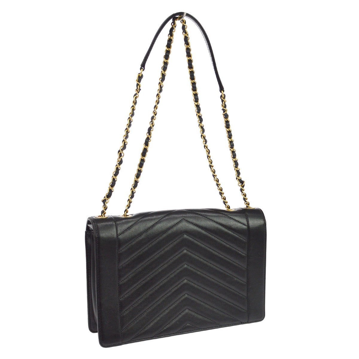 Chanel Reversed Flap Chevron Lambskin Black Leather Handbag (Pre-Owned)