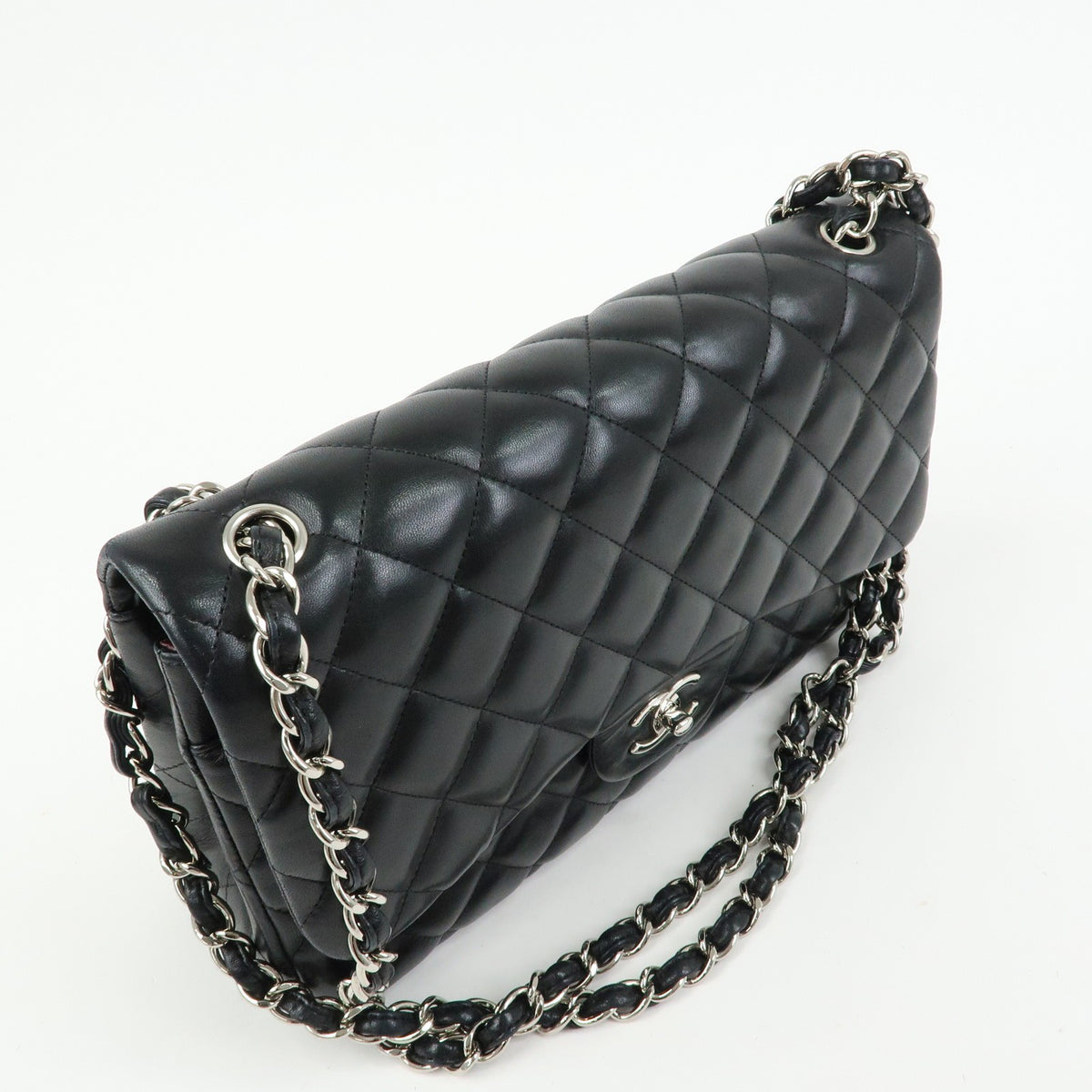 Chanel Classic Timeless Double Flap Quilted Lambskin Black Leather Handbag (Pre-Owned)