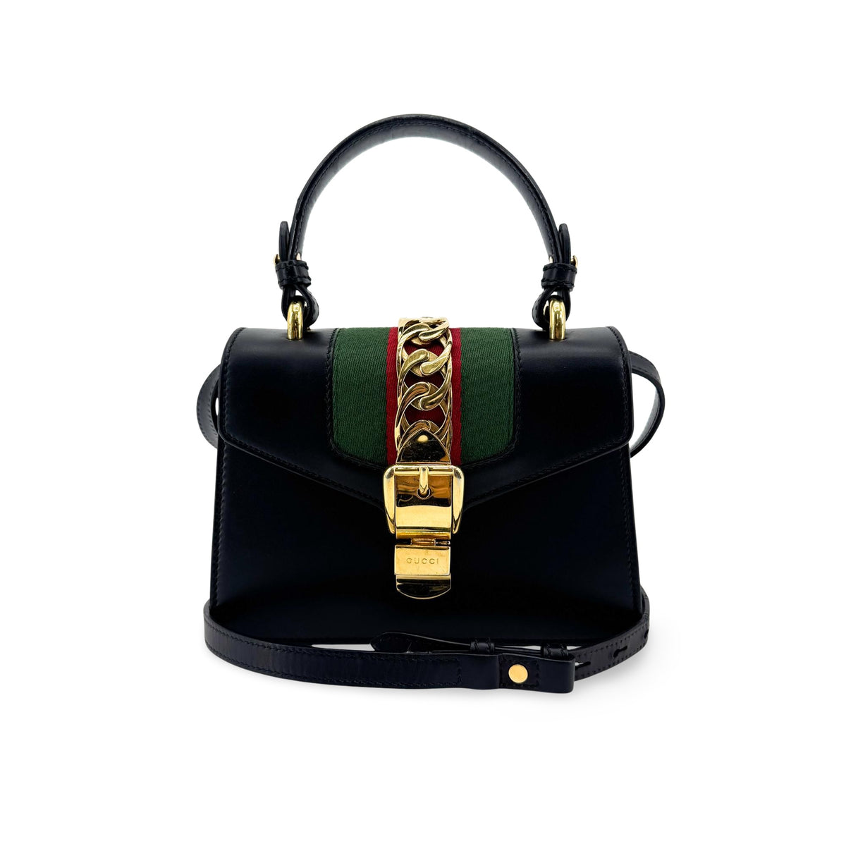 Gucci Sylvie Top Handle Leather Black Leather Handbag (Pre-Owned)