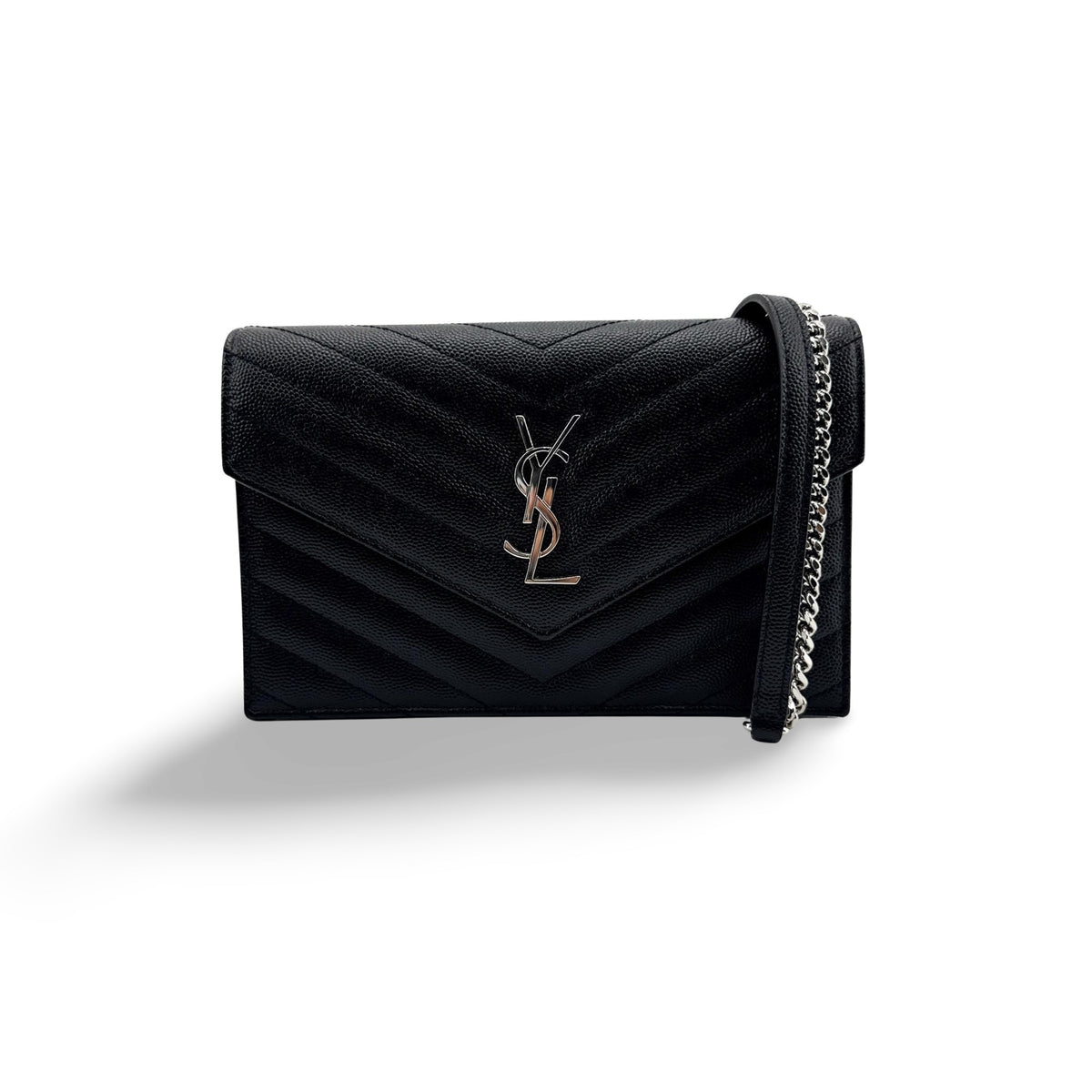 Saint Laurent Classic Monogram Wallet On Chain Matelasse Chevron Leather Black Leather Crossbody Bag Bag (Pre-Owned)