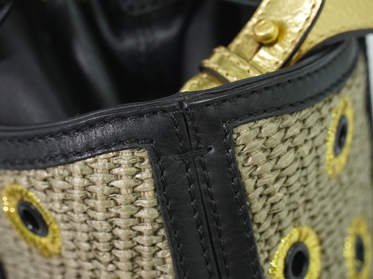 Fendi B. Fab Convertible Tote Grommet Embellished Raffia Beige Leather Handbag (Pre-Owned)