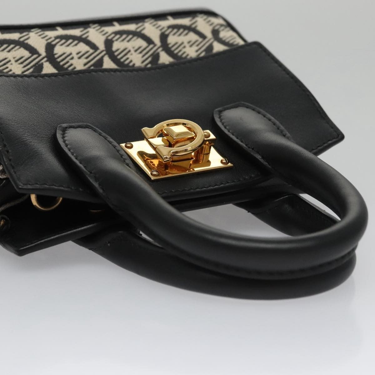 Salvatore Ferragamo Studio Satchel Gancini Jacquard And Leather Black Canvas Handbag (Pre-Owned)