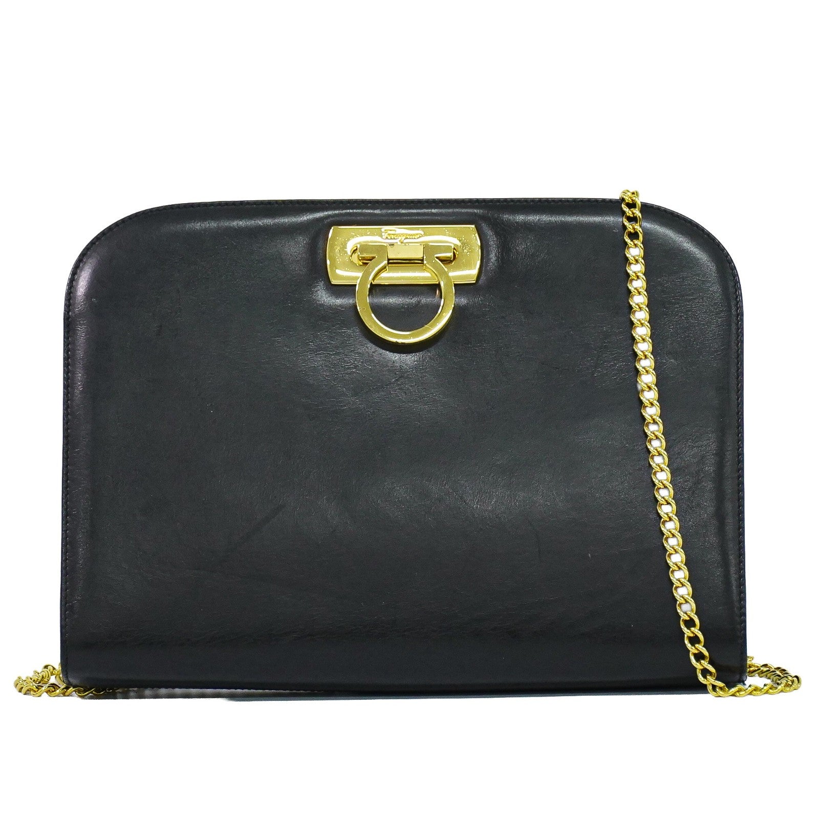 Salvatore Ferragamo Vintage Gancini Chain Leather Black Leather Shoulder Bag Bag (Pre-Owned)