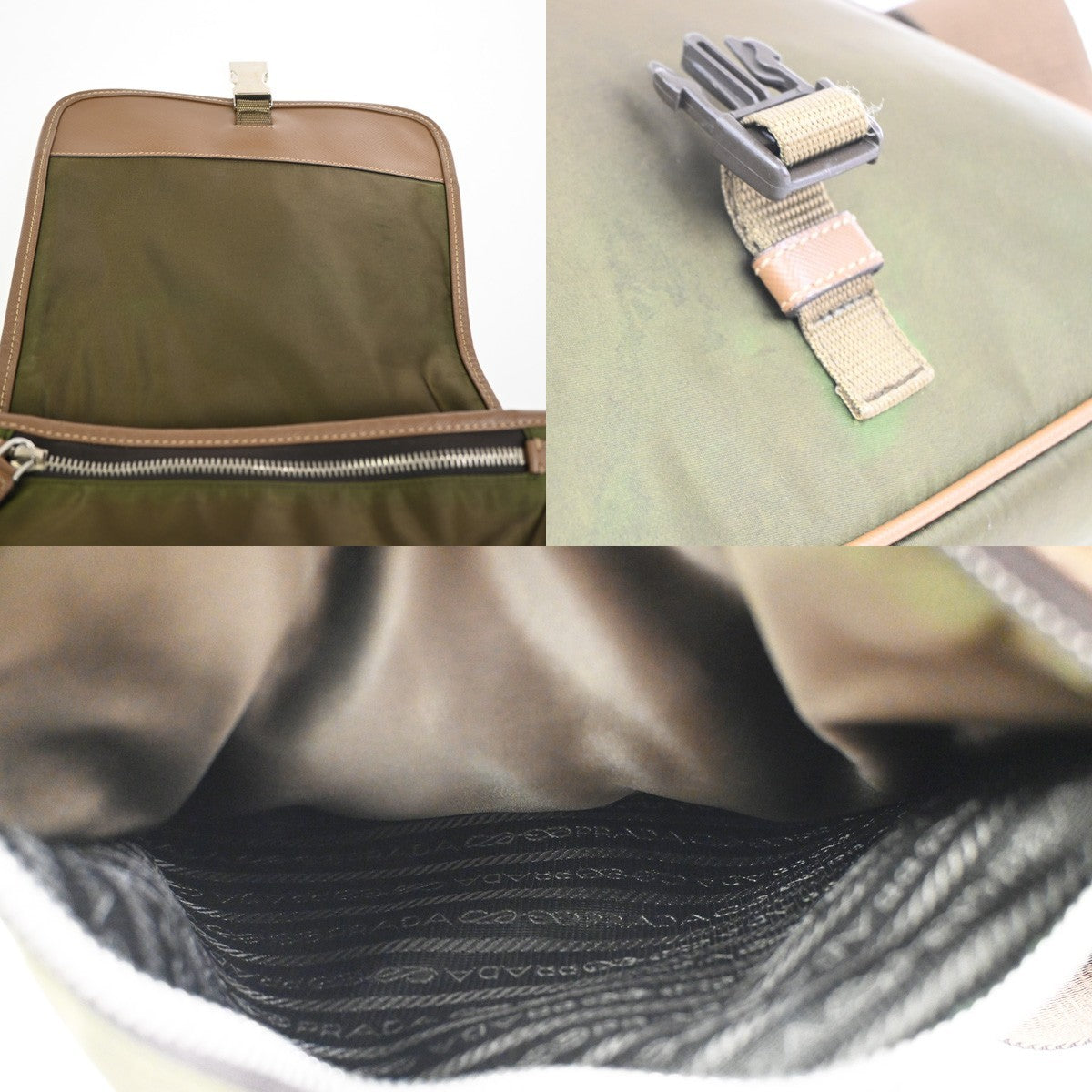 Prada Logo Buckle Messenger Nylon Khaki Nylon Handbag (Pre-Owned)