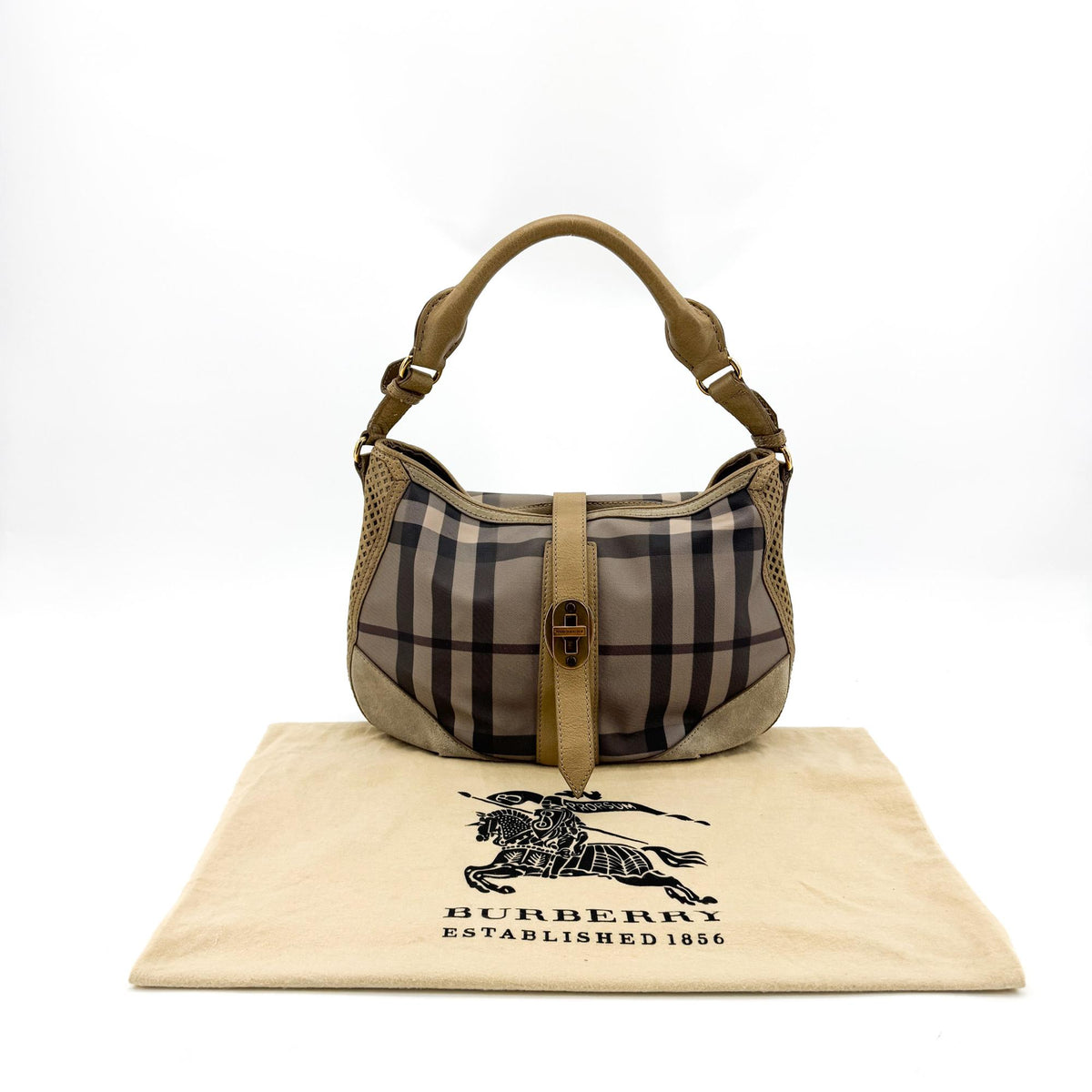 Burberry Ashwood Convertible Hobo House Check Canvas Beige Suede Shoulder Bag Bag (Pre-Owned)