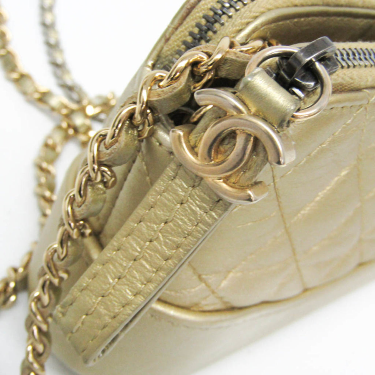 Chanel Gabrielle Double Zip Clutch With Chain Quilted Aged Calfskin Gold Leather Shoulder Bag Bag (Pre-Owned)