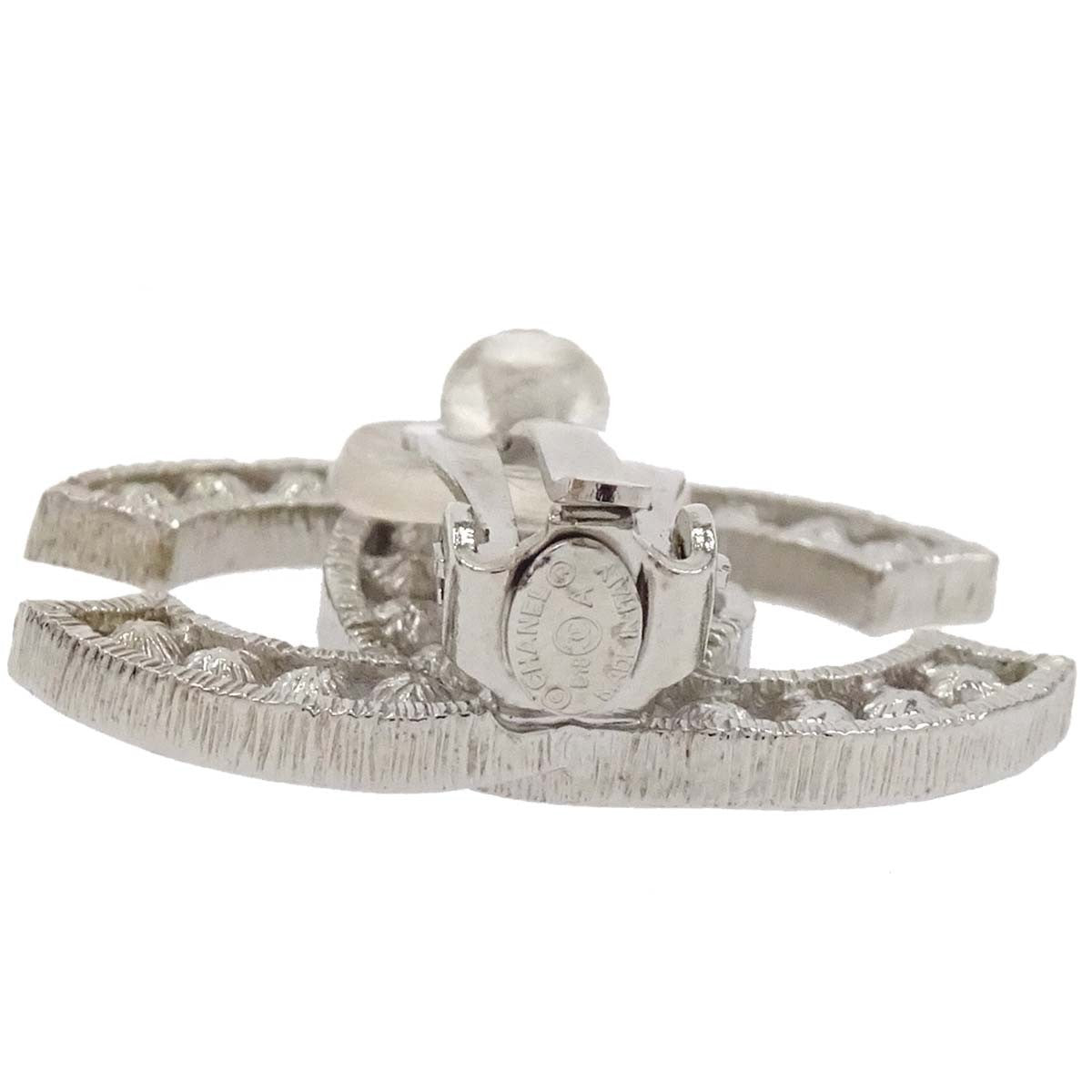Chanel Cc Clip-On Metal With Crystals And Faux Pearls Silver Silver_Plated Earrings Jewelry (Pre-Owned)