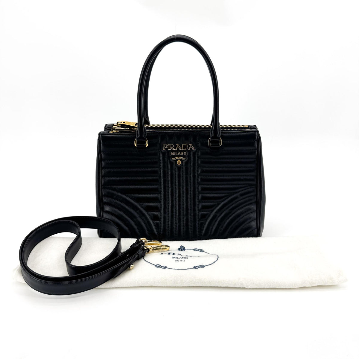 Prada Double Zip Tote Diagramme Quilted Leather Black Leather Tote Bag Bag (Pre-Owned)