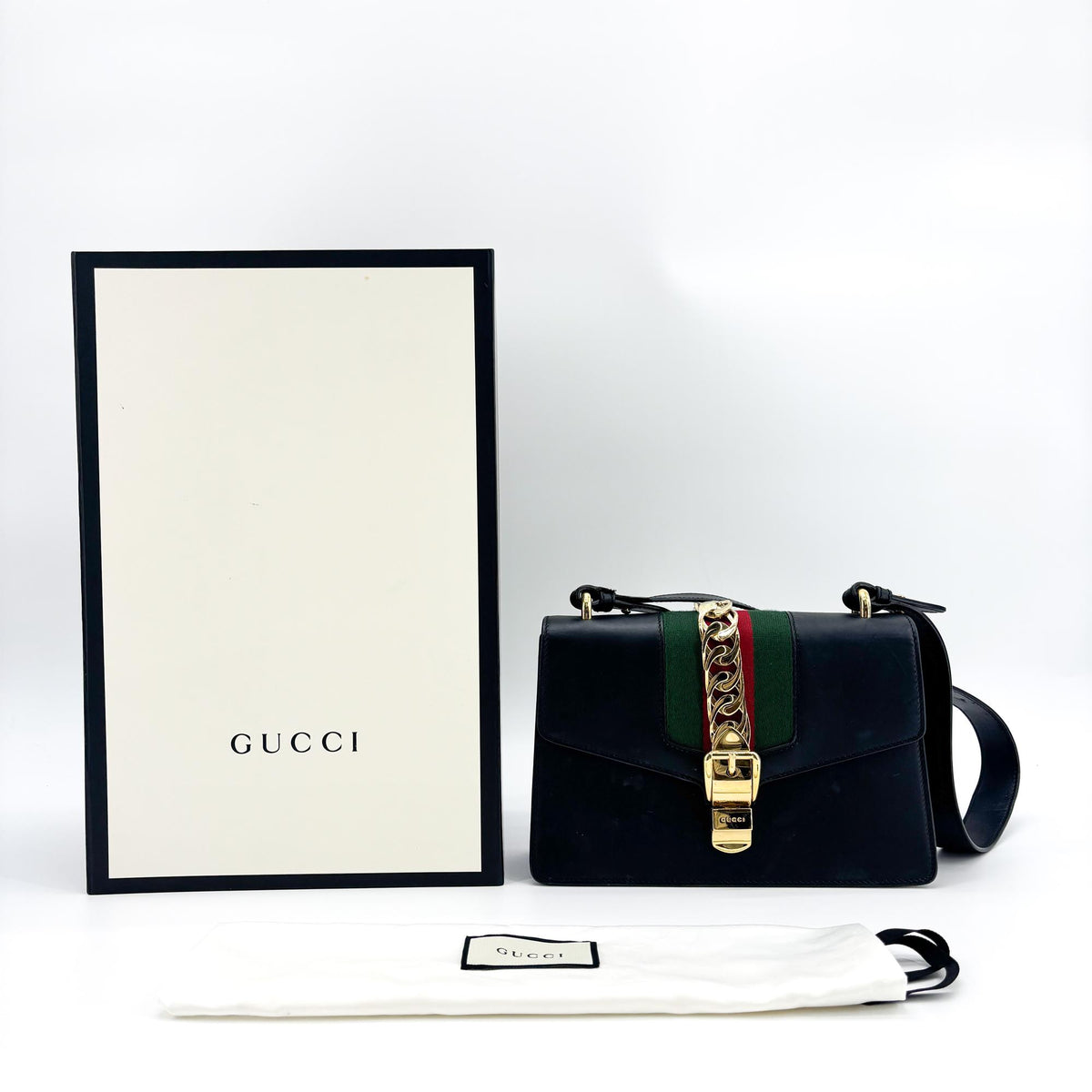 Gucci Sylvie Leather Navy Leather Shoulder Bag Bag (Pre-Owned)