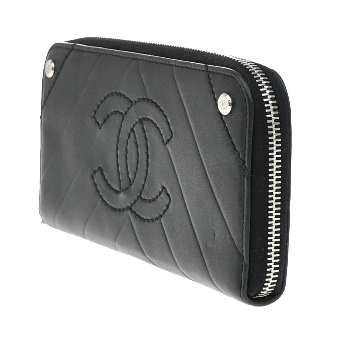 Chanel Cc Charm Zip Around Quilted Lambskin Black Leather Wallets Accessory (Pre-Owned)