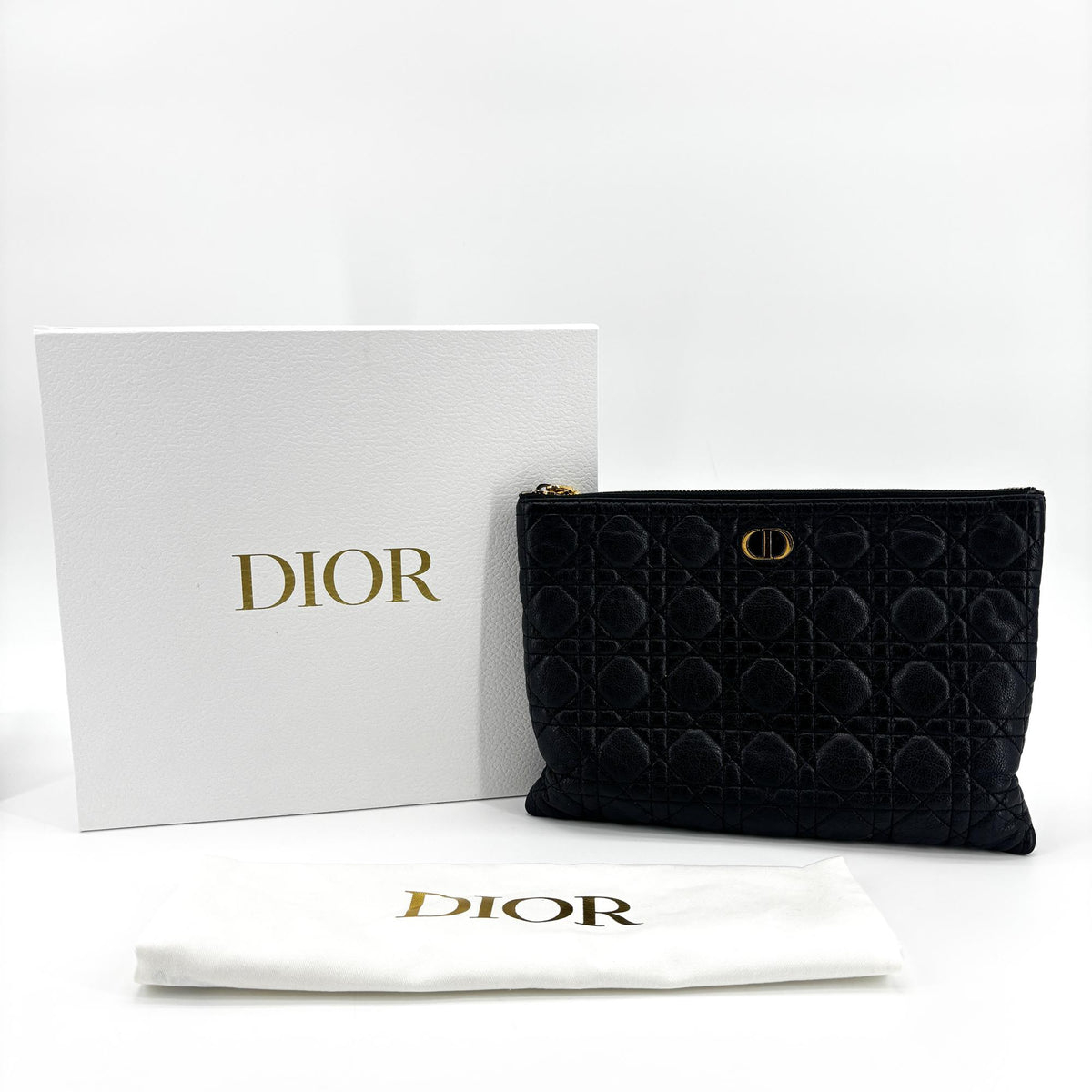 Christian Dior Caro Daily Cannage Quilt Calfskin Black Leather Clutche & Pouche Bag (Pre-Owned)