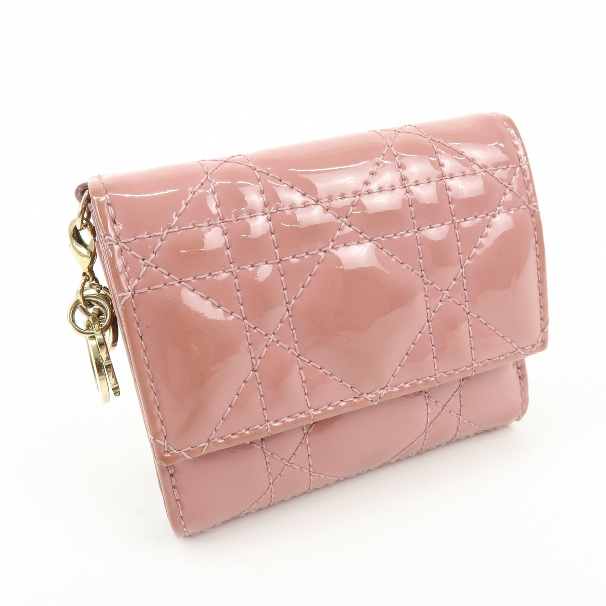 Christian Dior Lady Dior Cannage Quilt Leather Pink Patent_Leather Wallets Accessory (Pre-Owned)