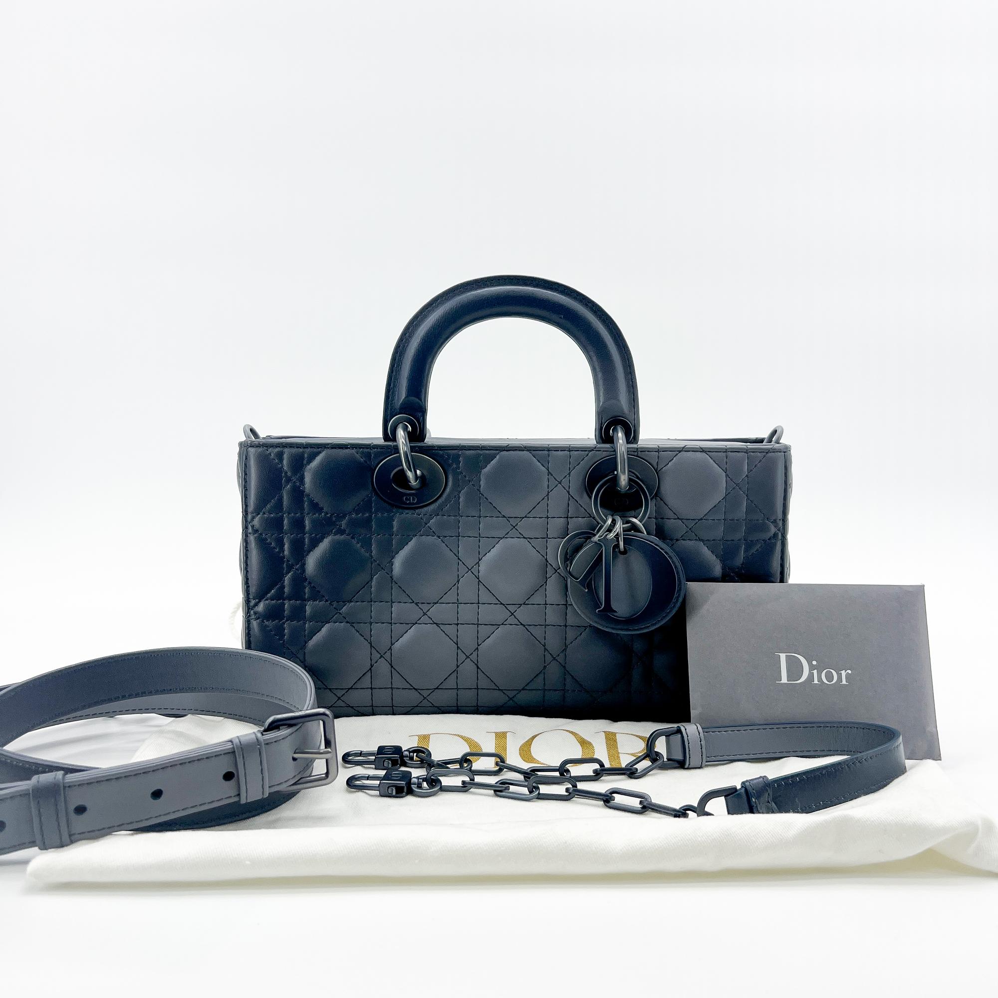 Christian Dior Lady D-Joy Cannage Quilt Lambskin Navy Leather Handbag (Pre-Owned)