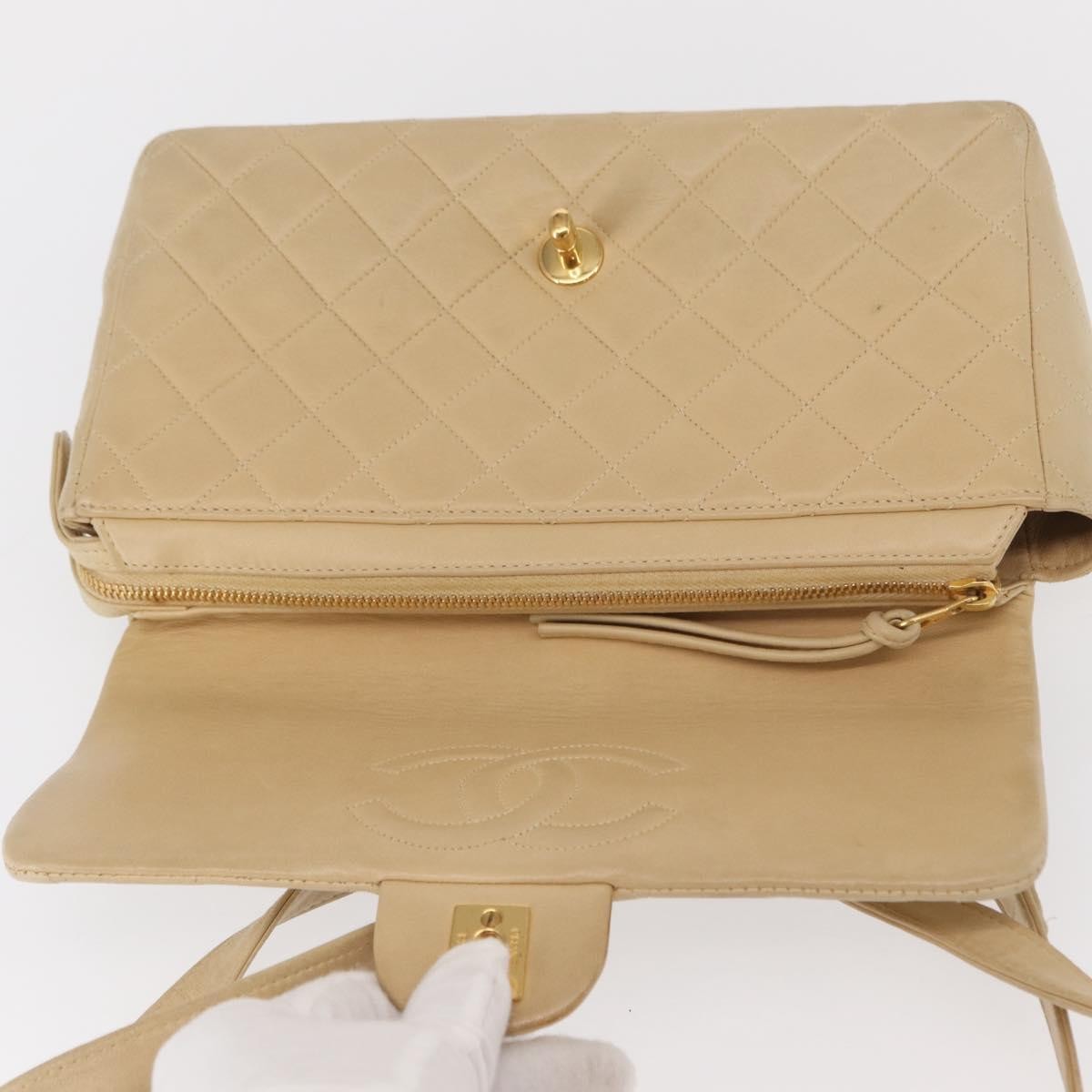 Chanel Vintage Classic Flap Quilted Lambskin Beige Leather Backpack Bag (Pre-Owned)