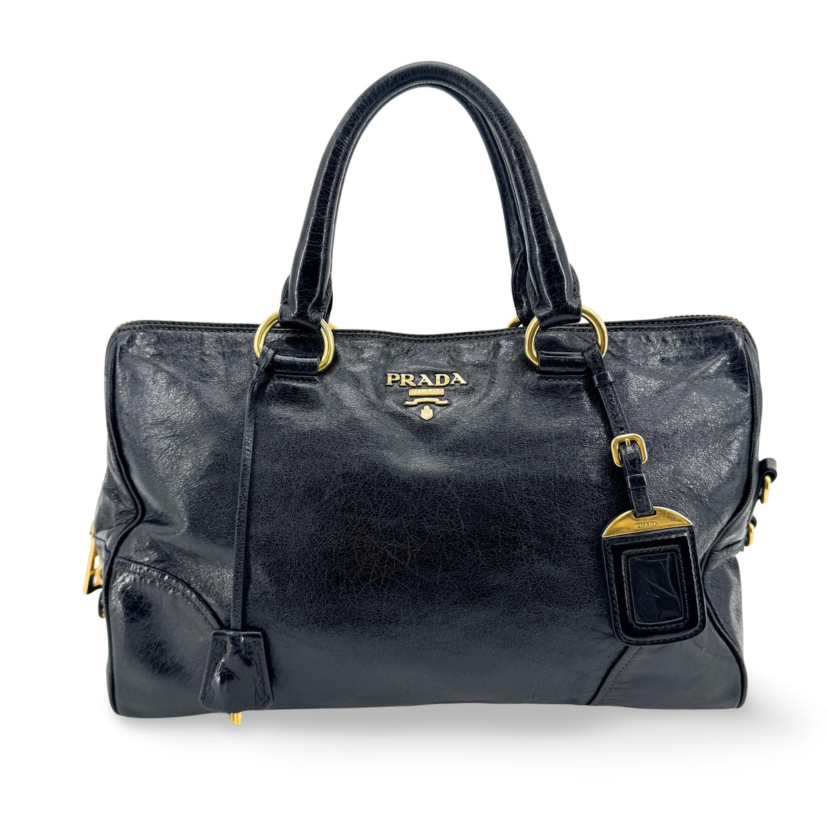 Prada Convertible Boston Vitello Shine Black Leather Handbag (Pre-Owned)