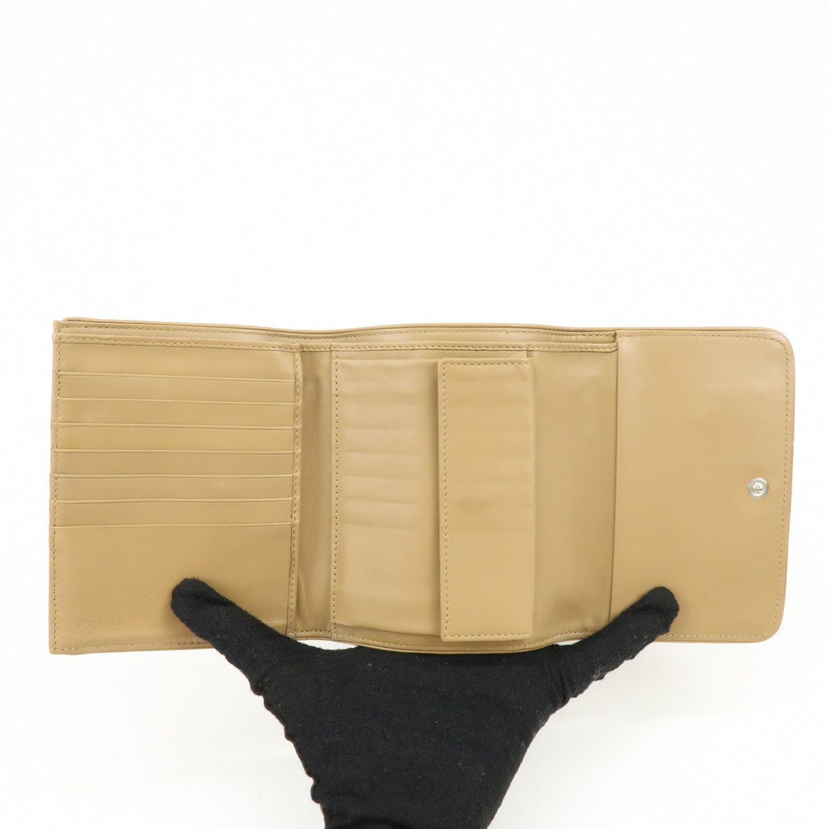 Prada Trifold Compact Saffiano Leather Beige Nylon Wallets Accessory (Pre-Owned)