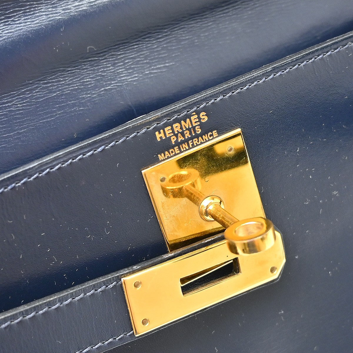 Hermes Kelly Blue Box Calf With Gold Hardware Navy Calfskin Handbag (Pre-Owned)