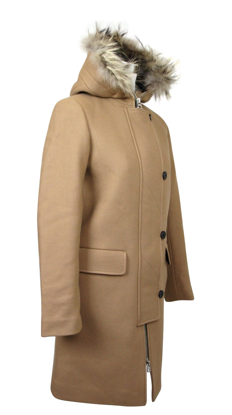 Sandro Women's Camel Kurt Wool Coat with Fur Trim Hood 4 Buttons
