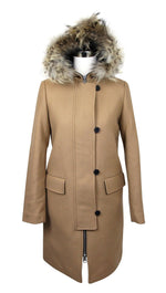 Sandro Women's Camel Kurt Wool Coat with Fur Trim Hood 4 Buttons