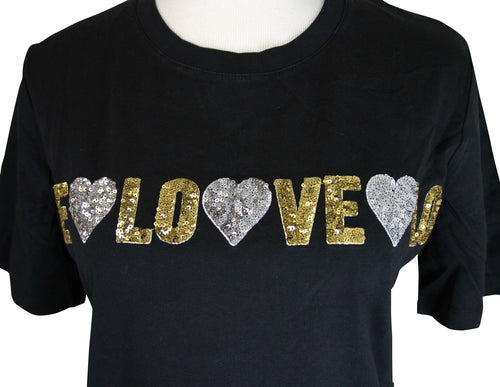 Maje Women's Gold and Silver Sequins Black Cotton LOVE T-Shirt