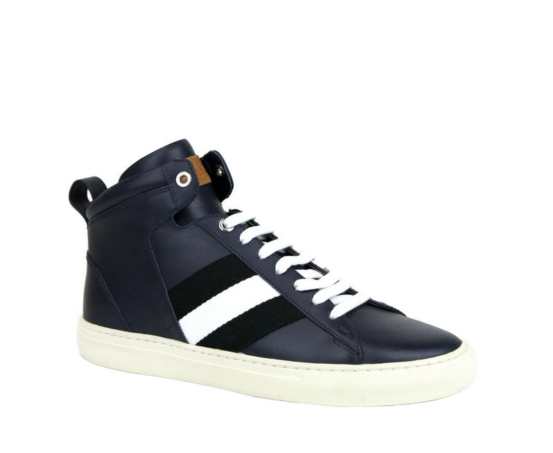 Bally Men's Dark Blue Calf Leather Hi-top Sneaker With Black White Hedern-129 (Size: 8 D)