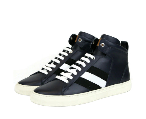 Bally Men's Dark Blue Calf Leather Hi-top Sneaker With Black White Hedern-129 (Size: 8 D)